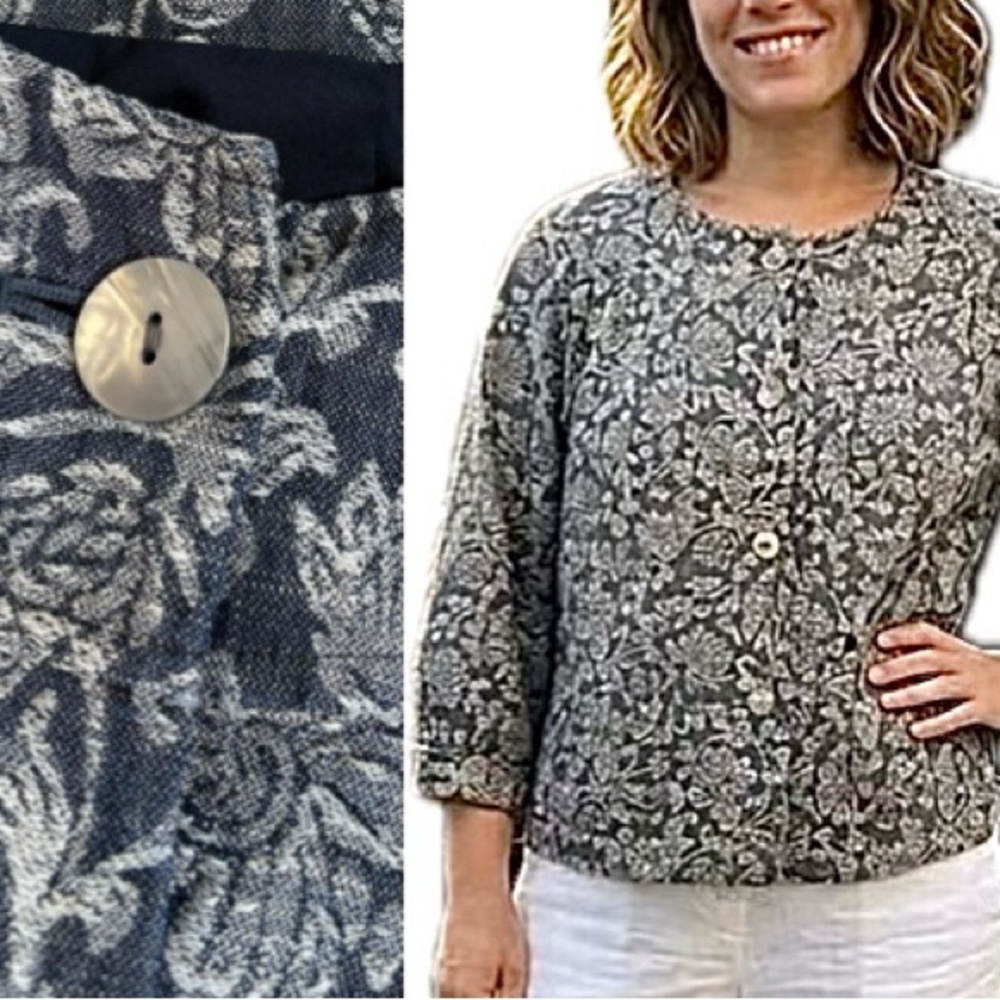 J. Jill Tencel Linen Brocade Floral Patterned Collarless Button Jacket Womens XL